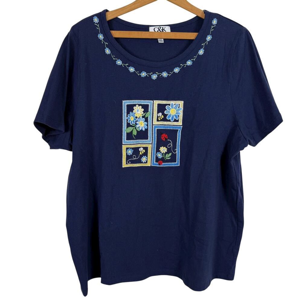 Vintage Y2K Women Embroidered Top Size 1X Teacher Spring Ladybugs Bees Artsy
